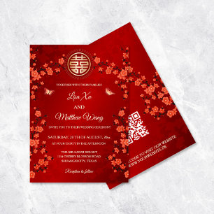 QR Code Red Oriental Floral   Chinese Wedding Invitation
