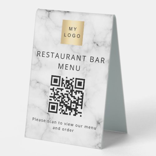 QR code restaurant cafe bar scan menu logo marble  Table Tent Sign