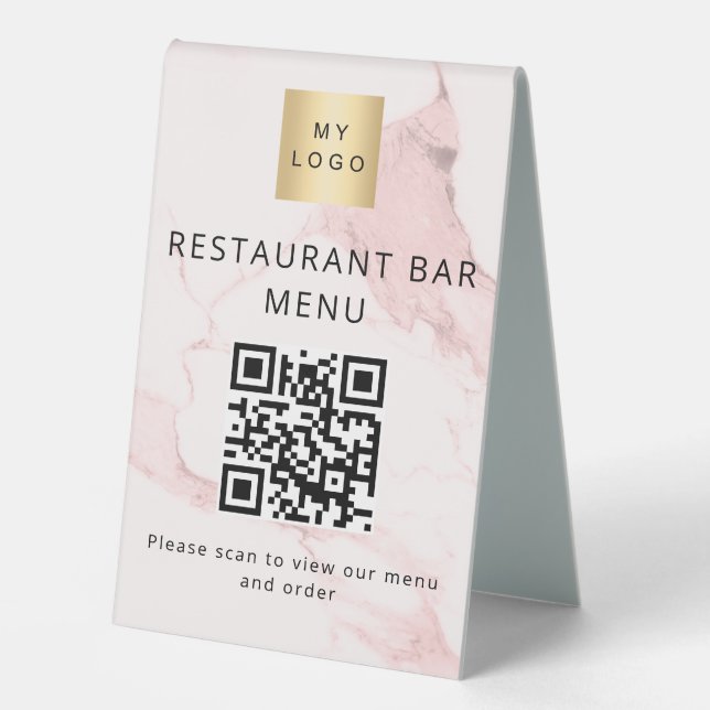 QR code restaurant cafe bar scan menu pink marble Table Tent (Front)