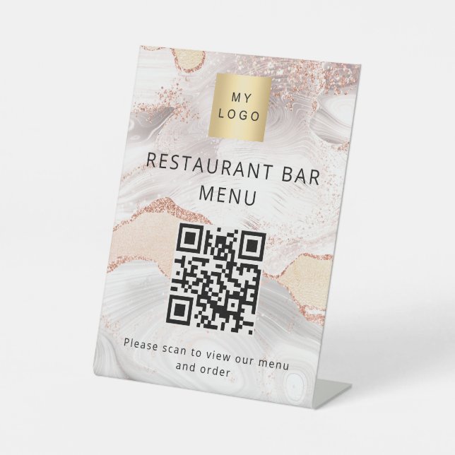 QR code restaurant cafe bar scan menu rose gold Pedestal Sign (Front)