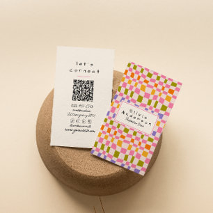 QR Code Retro Colorful Checkered Quirky Girly Fun Business Card