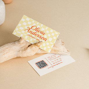 QR Code Retro Colorful Hand Drawn Checkered Groovy Business Card