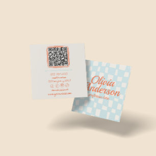QR Code Retro Colorful Hand Drawn Checkered Groovy Square Business Card