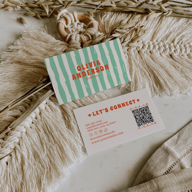 QR Code Retro Green Boho Groovy Unique Trendy Fun Business Card (Creator Uploaded)