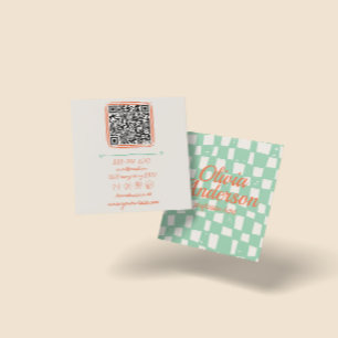 QR Code Retro Green Hand Drawn Checkered Groovy Square Business Card