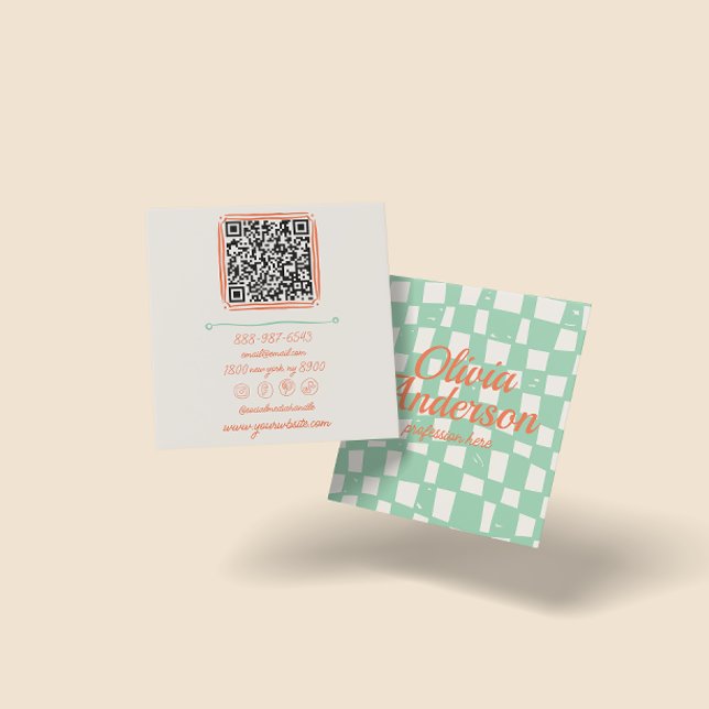 QR Code Retro Green Hand Drawn Checkered Groovy Square Business Card (Creator Uploaded)