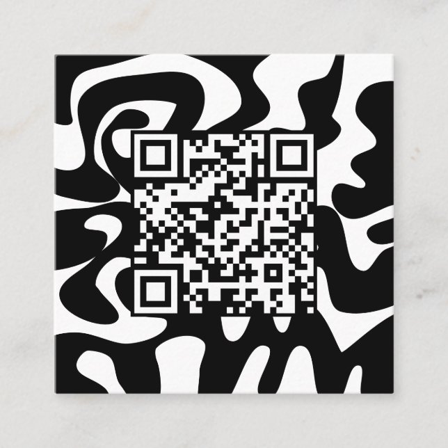 QR Code Retro Groovy Black White Squiggles Hello Square Business Card (Front)