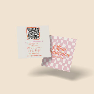QR Code Retro Pink Orange Drawn Checkered Girly Square Business Card