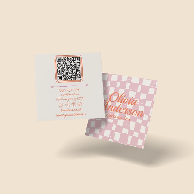QR Code Retro Pink Orange Drawn Checkered Girly Square Business Card (Creator Uploaded)
