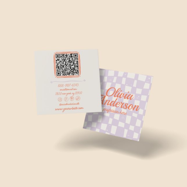 QR Code Retro Purple Hand Drawn Checkered Girly  Square Business Card (Creator Uploaded)