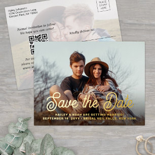 QR Code Retro Script 2 Photo Wedding Save the Date Foil Invitation Postcard