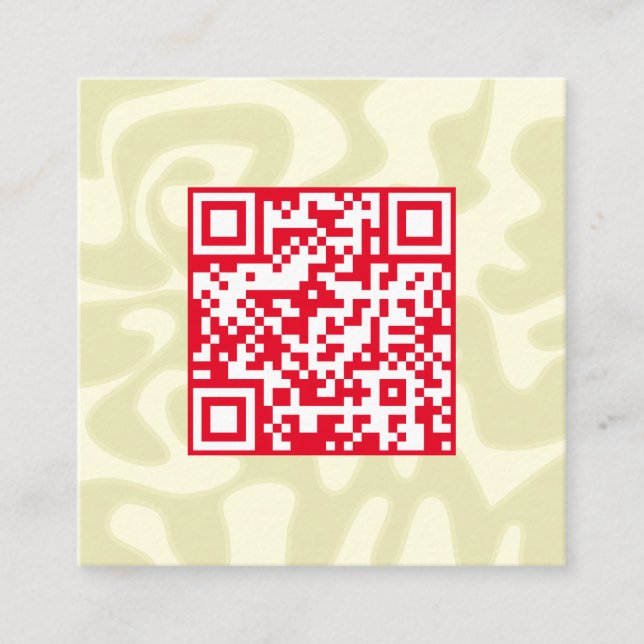QR Code Retro Swirling Cream Red Squiggles Hello Square Business Card (Front)