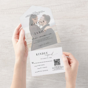 QR Code Romantic Script Black White Photo Wedding All In One Invitation