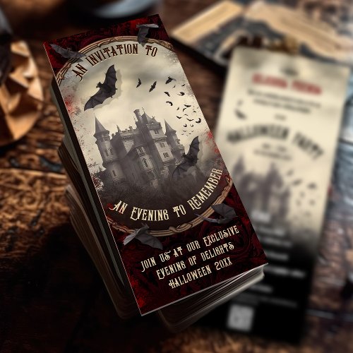 QR Code Romantic Vintage Vampire Castle Halloween Invitation