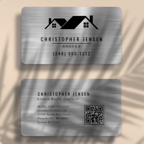 QR Code Roofing Black Silver Metallic Rounded Business Card