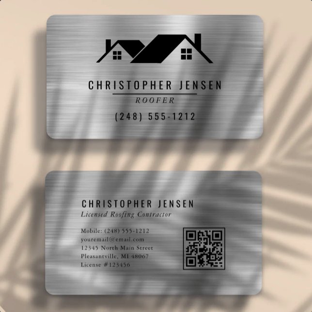 QR Code Roofing Black Silver Metallic Rounded Business Card (Creator Uploaded)