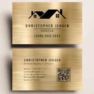 QR Code Roofing Business Black Gold Metallic Business Card