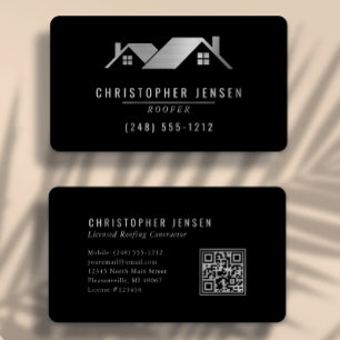 QR Code Roofing Business Black Silver Rounded Card