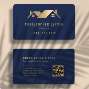 QR Code Roofing Business Navy Blue Gold Rounded Card