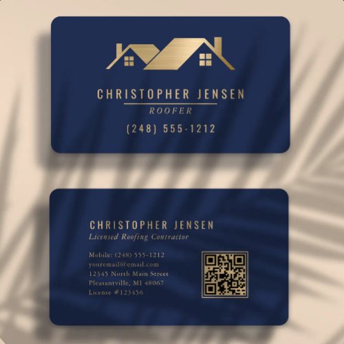 QR Code Roofing Business Navy Blue Gold Rounded Card