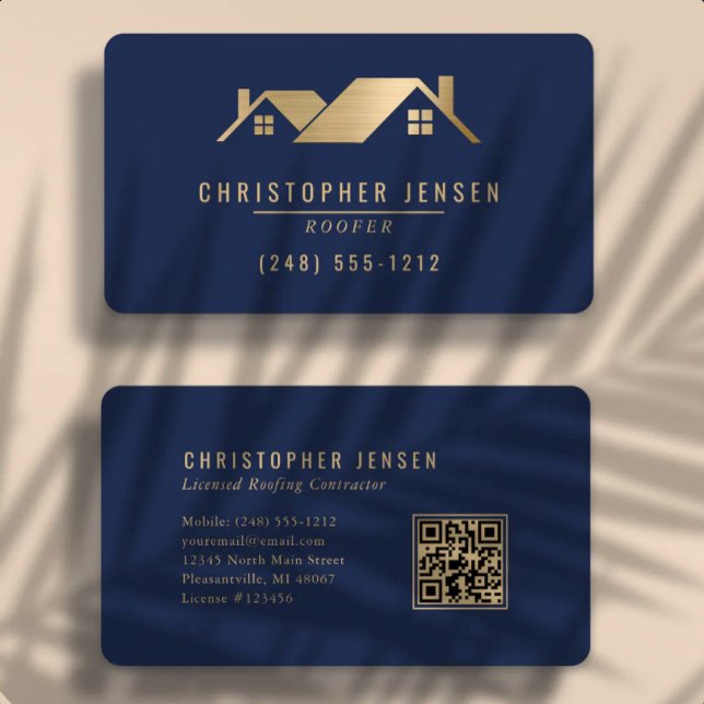 QR Code Roofing Business Navy Blue Gold Rounded Card (Creator Uploaded)