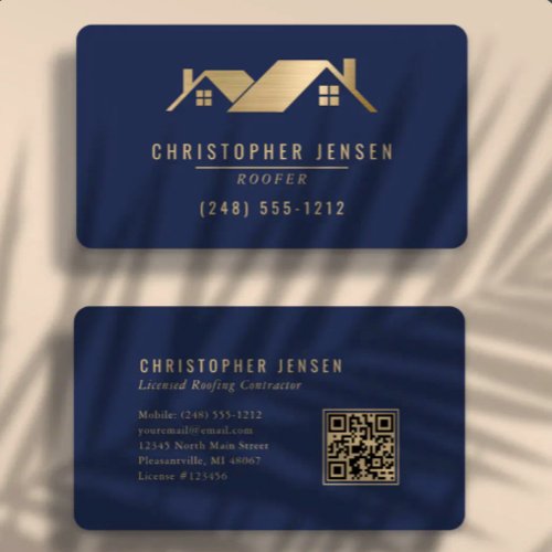 QR Code Roofing Business Navy Blue Gold Rounded Card