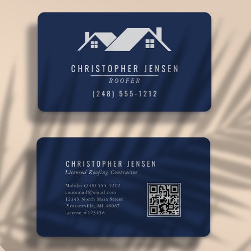QR Code Roofing Business Navy Blue Gray Rounded Card
