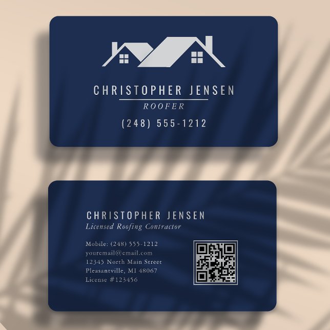 QR Code Roofing Business Navy Blue Gray Rounded Card (Creator Uploaded)