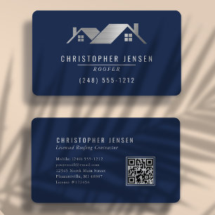 QR Code Roofing Business Navy Blue Silver Rounded Business Card