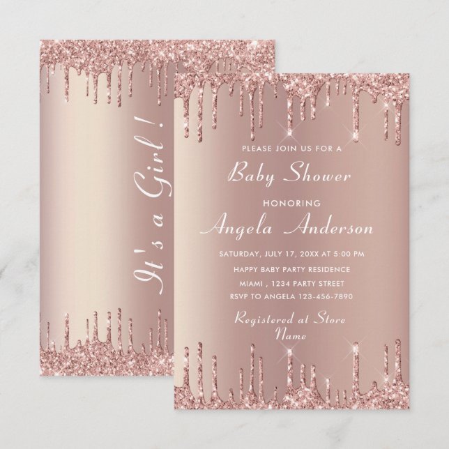 QR Code Rose Gold Baby Girl Shower Invitation (Front/Back)