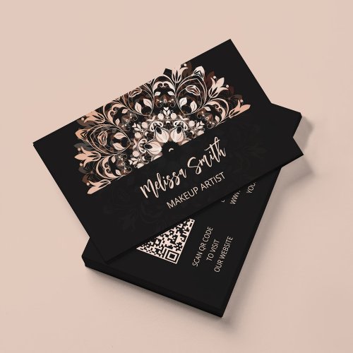QR Code  Rose Gold Black Floral Mandala Business Card
