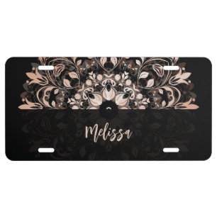 QR Code   Rose Gold Black Floral Mandala License Plate