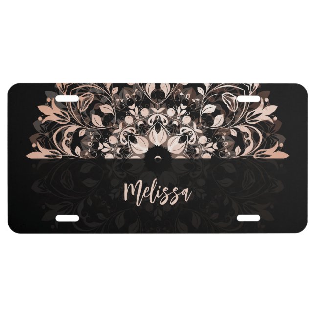 QR Code | Rose Gold Black Floral Mandala License Plate (Front)