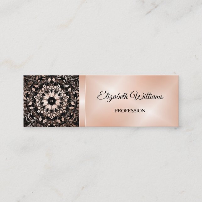 QR Code | Rose Gold Black Floral Mandala Mini Business Card (Front)