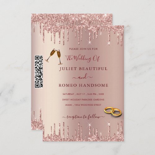 Qr Code Rose Gold Blush Drips Wedding Invitation