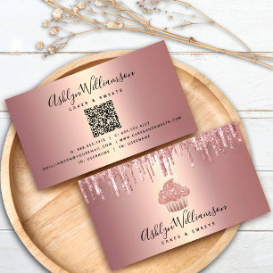 QR Code Rose Gold Cupcake Glitter Drips Bakery Business Card