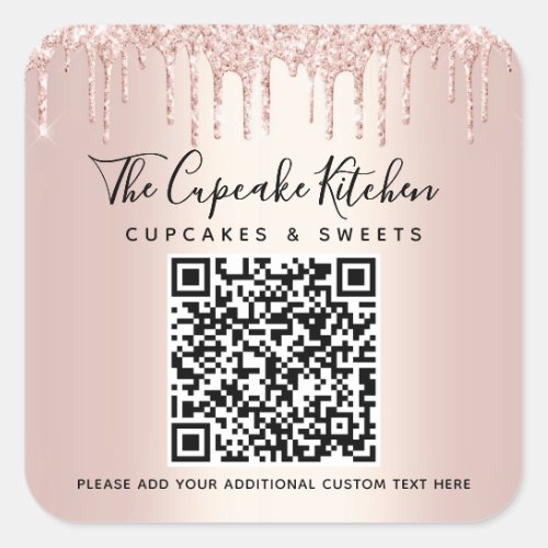 QR Code Rose Gold Glitter Drips Business Name Square Sticker