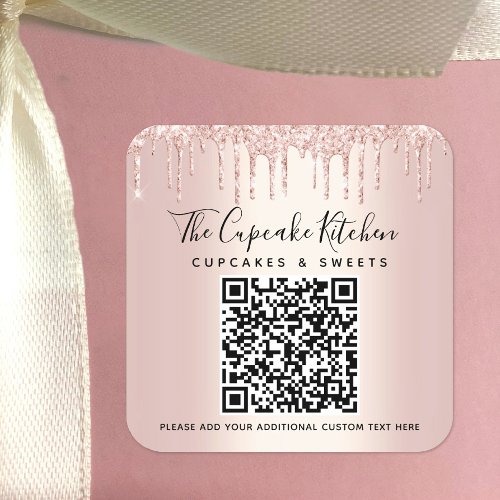 QR Code Rose Gold Glitter Drips Business Name Square Sticker