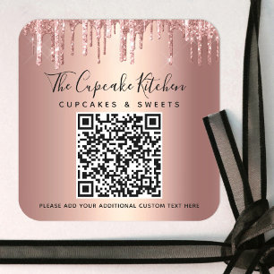 QR Code Rose Gold Glitter Drips Script Business Square Sticker