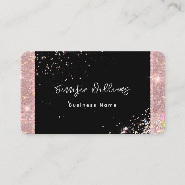QR Code Rose Gold Glitter Trendy Black Business Card (Front)
