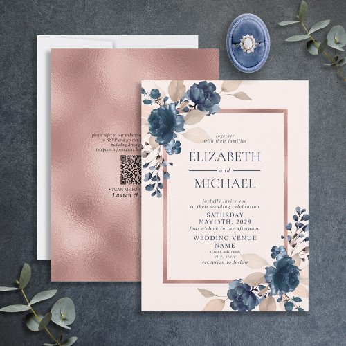QR Code Rose Gold Navy Blue Dusty Pink Floral Invitation