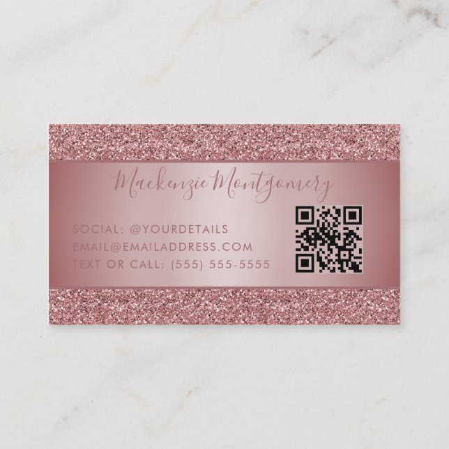 QR Code Rose Gold Sparkle Glitter Drips Luxury Business Card (Back)