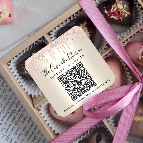 QR Code Rose Pink Glitter Drips Gold Business Name Square Sticker