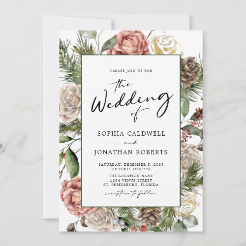 QR Code Roses and Pine Calligraphy Winter Wedding Invitation