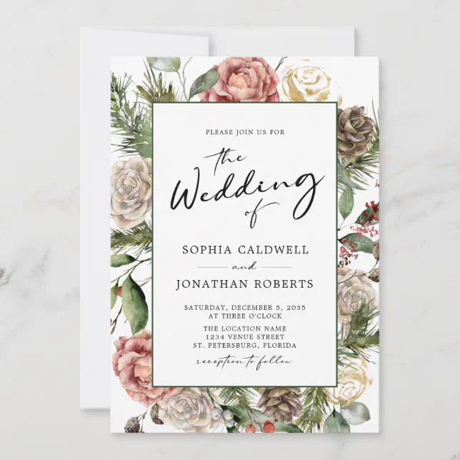 QR Code Roses and Pine Calligraphy Winter Wedding Invitation | Zazzle