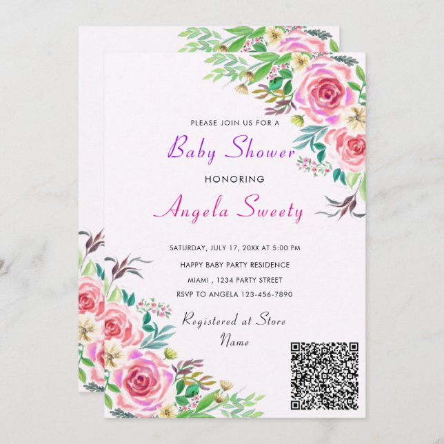 QR Code Roses Baby Shower Invitation (Front/Back)