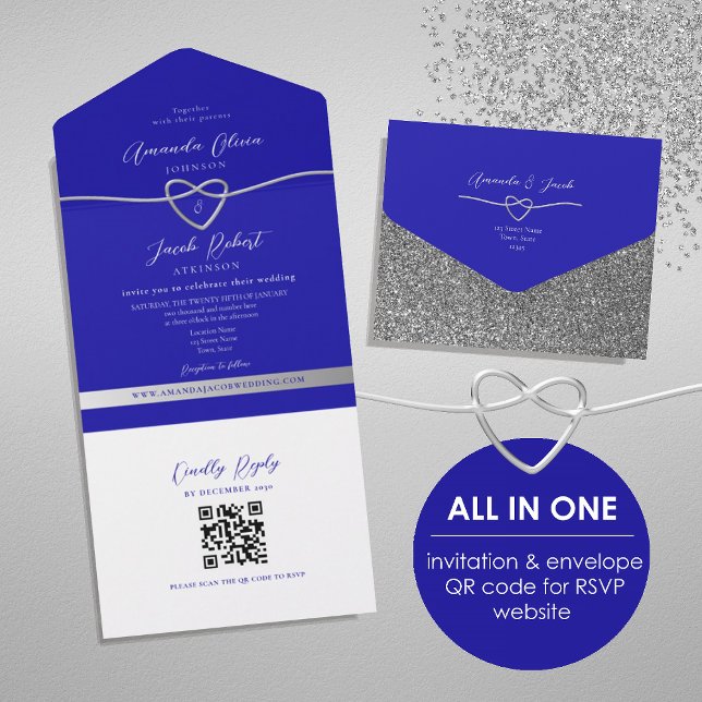 QR Code Royal Blue Silver Glitter Wedding All In One Invitation (Creator Uploaded)