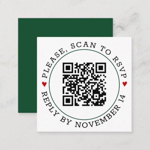QR code RSVP and red hearts emerald green wedding Enclosure Card