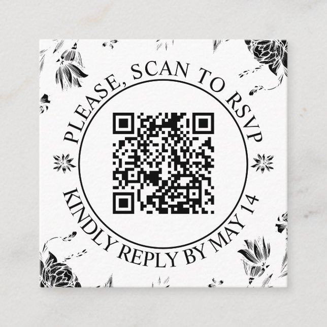 QR code RSVP, black white flowers floral wedding Enclosure Card (Front)