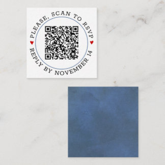 QR code RSVP blue border and hearts wedding Enclosure Card